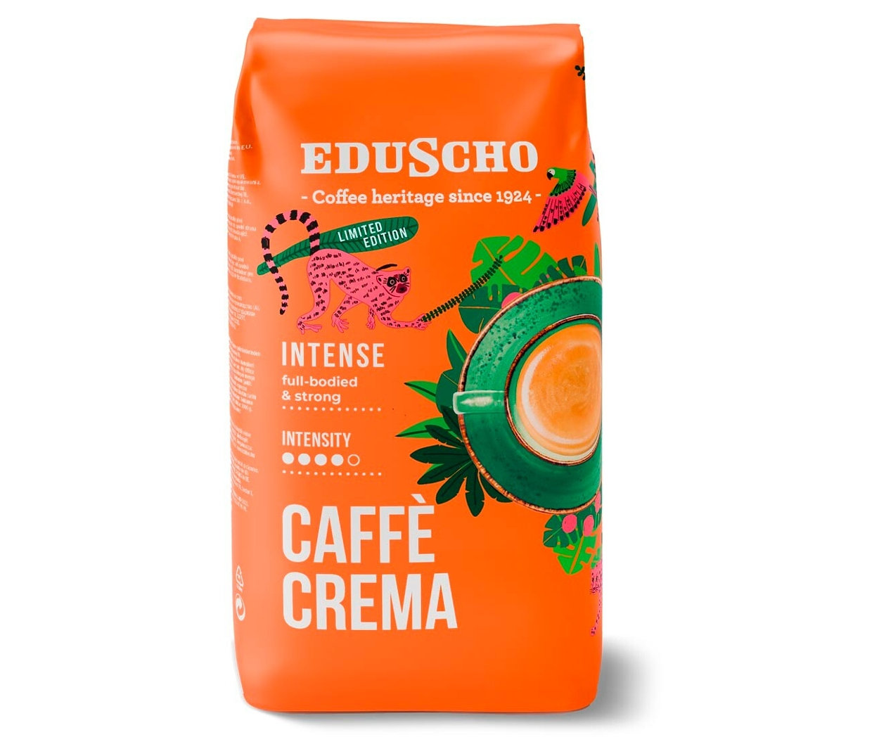Oranžové balení zrnkové kávy Eduscho Caffè Crema Intense s obrázkem šelmy a šálku kávy.