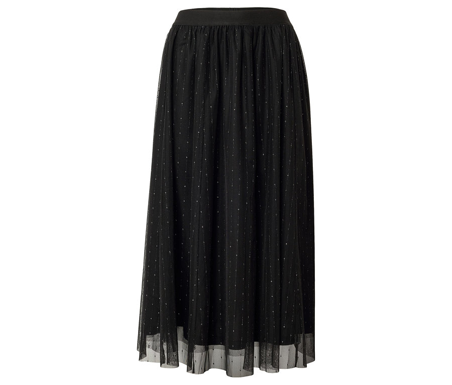 Černá dlouhá tylová sukně s elastickým pasem a jemnými stříbrnými detaily.
