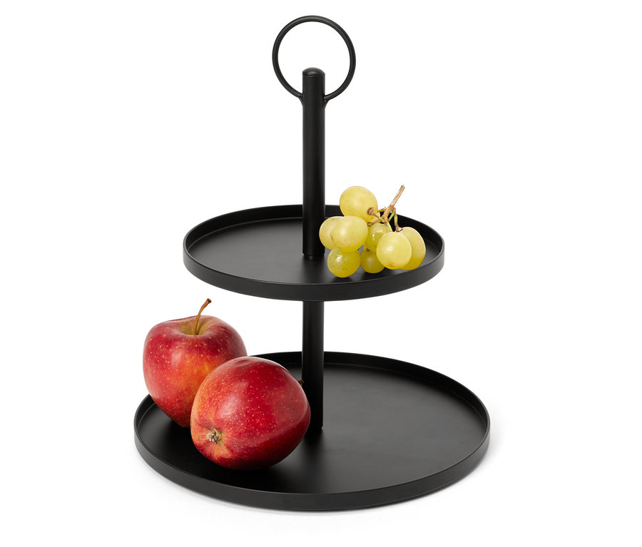 Černá dvoupatrová etagere s jablky a hrozny.