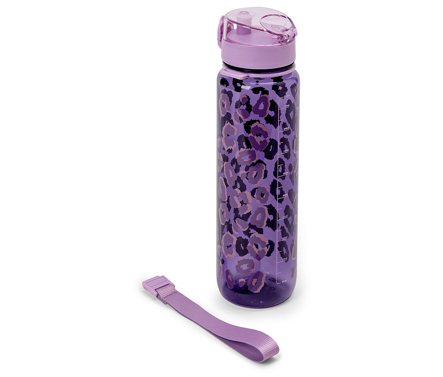 Fialová láhev na vodu se zvířecím potiskem a popruhem.