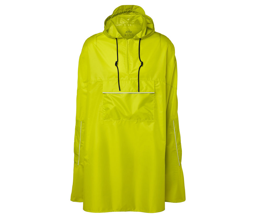 Žluté pončo s kapucí, stahovací šňůrkou a kapsou na hrudi.