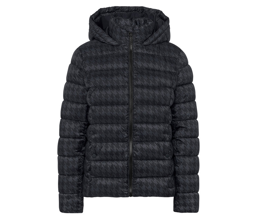 Černá péřová bunda s kapucí se vzorem kohoutí stopy.