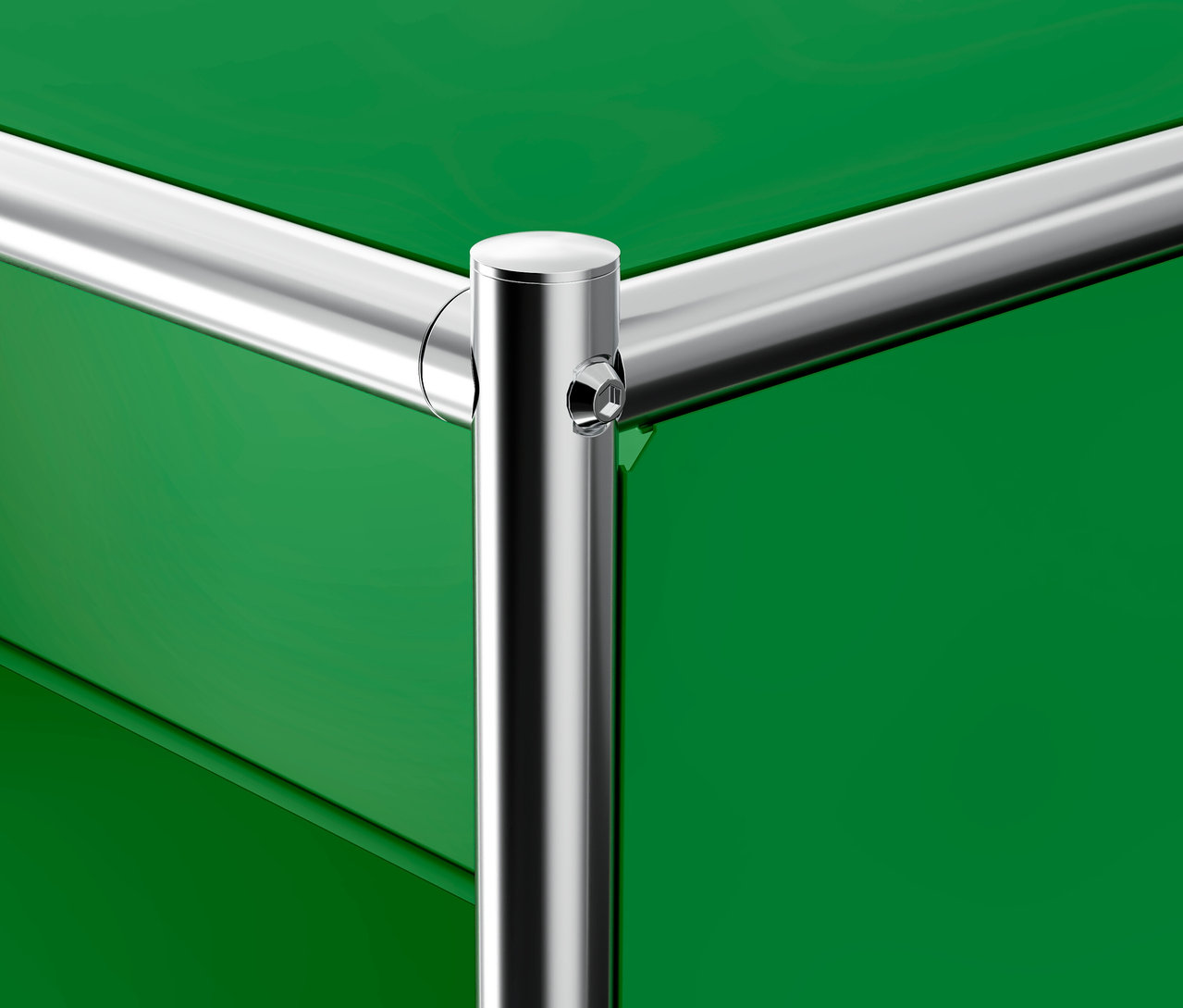 Detail kovového kontejneru na kolečkách »CN3« se 3 zásuvkami, zelené barvy, s chromovanou konstrukcí.