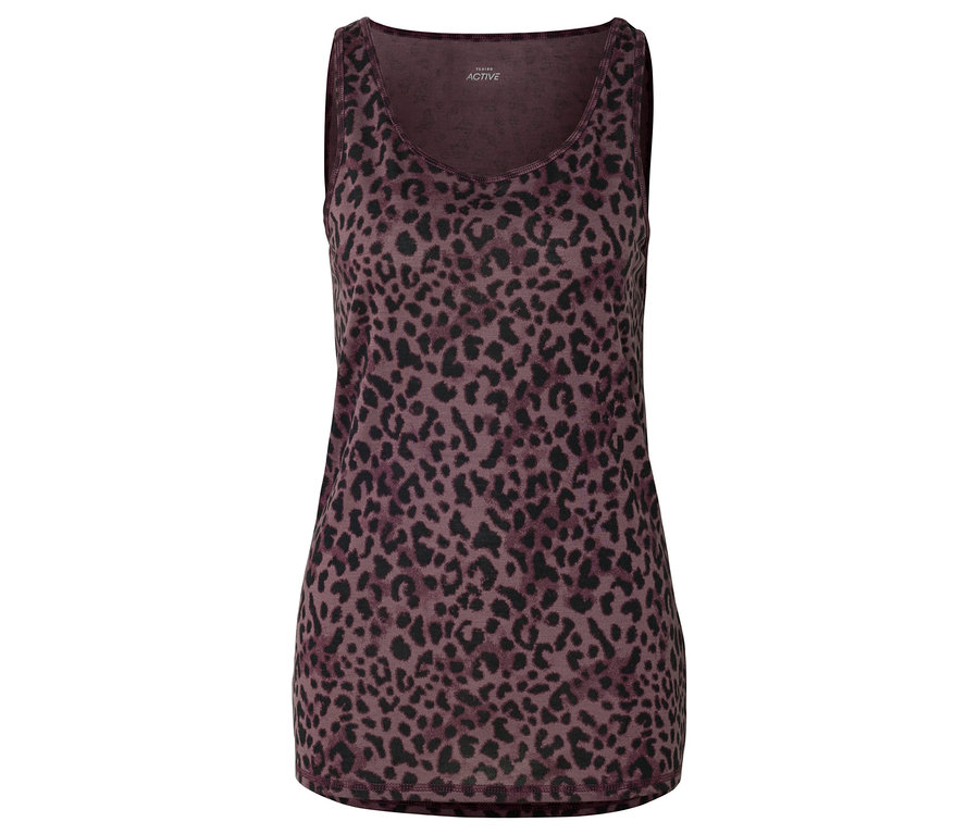 Tmavě červený top bez rukávů s leopardím vzorem.