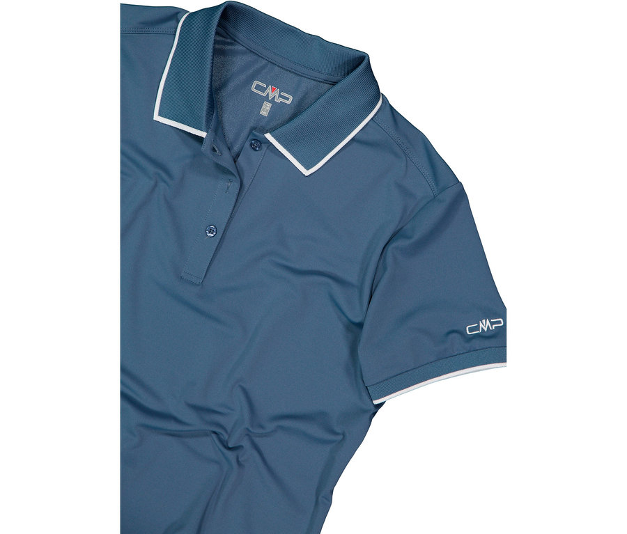 Modré polo tričko s bílými akcenty na límci a rukávech.