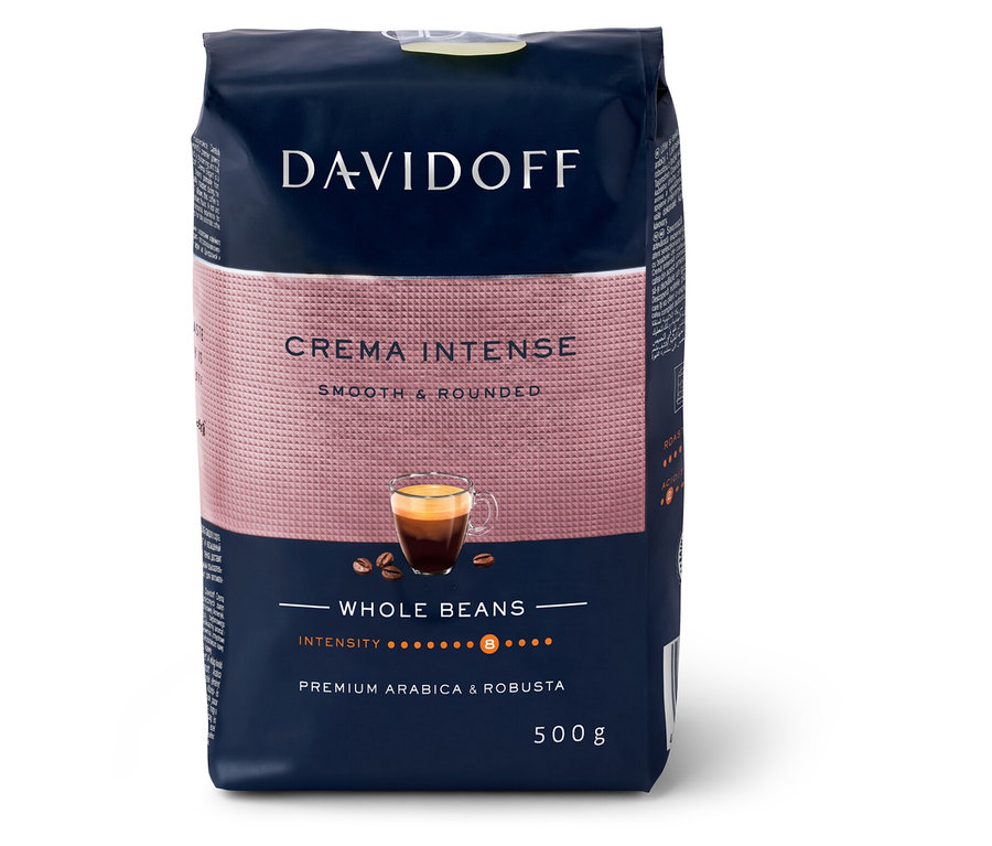 Tmavě modré balení kávy Davidoff Crema Intense Whole Beans, 500g.