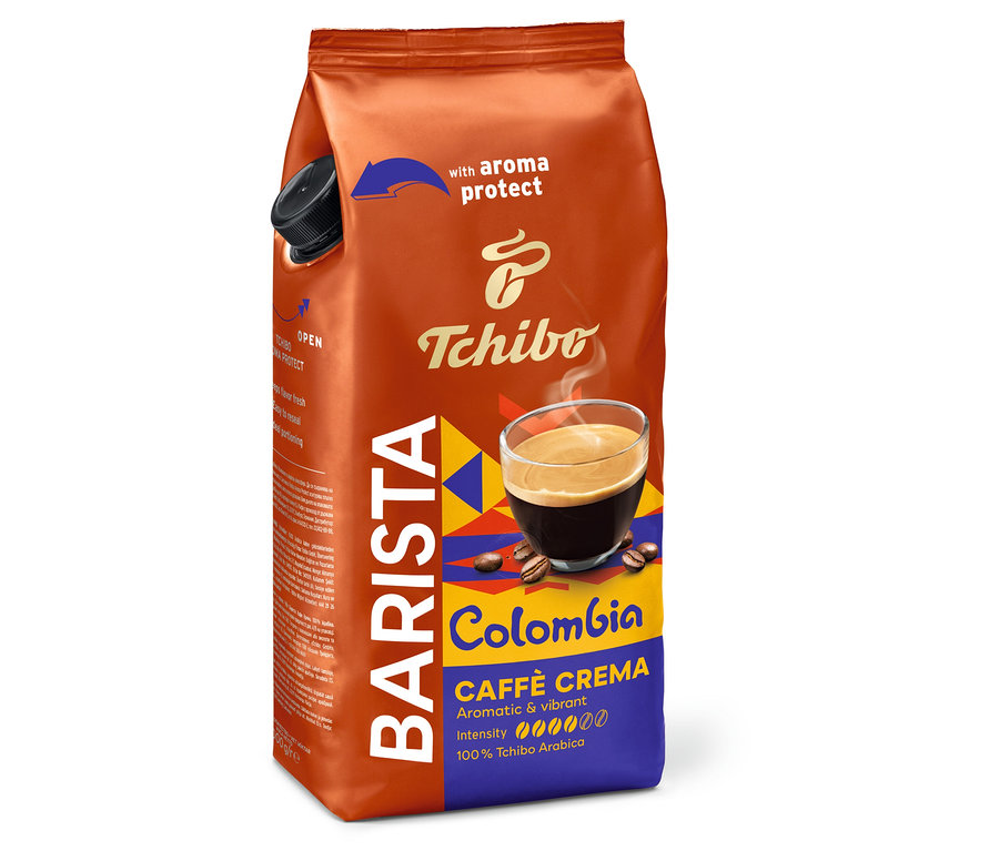 Je vidět balení zrnkové kávy BARISTA Origins Colombia − 1 kg s ochranou aroma a logem Tchibo.
