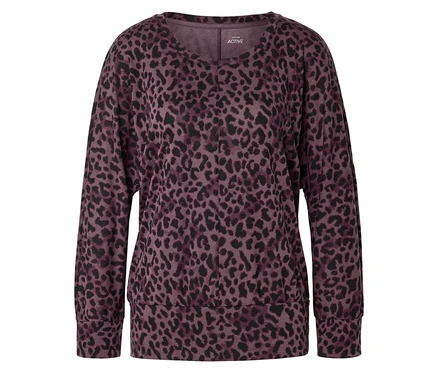 Fialovo-černá mikina s leopardím vzorem.
