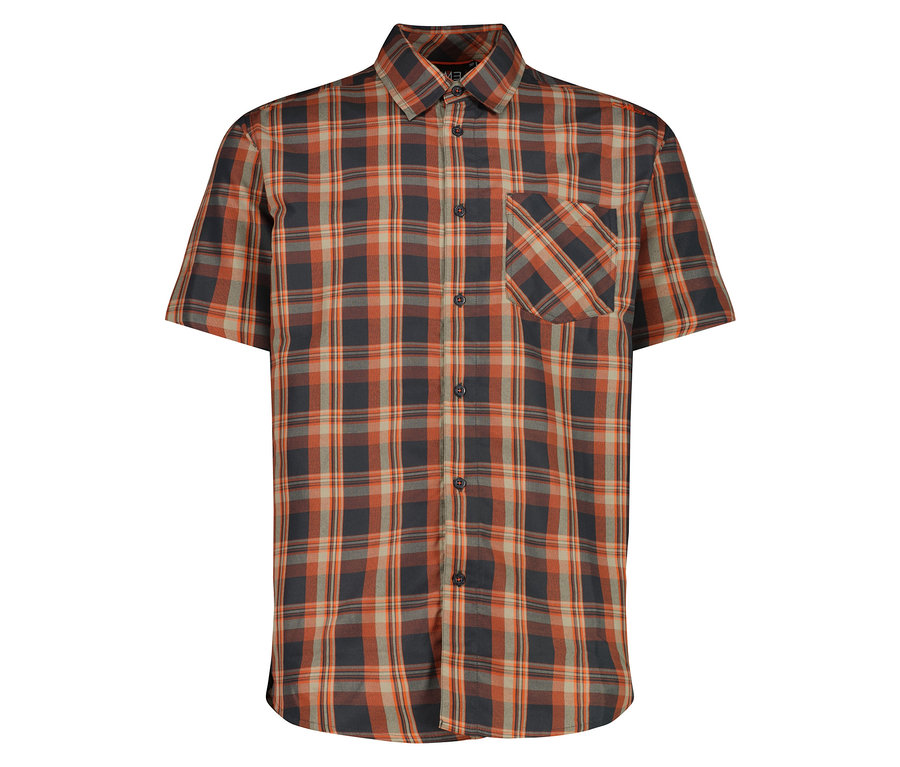 Je vidět pánská košile s krátkým rukávem CMP s kostkovaným vzorem v oranžové, šedé a černé barvě.
