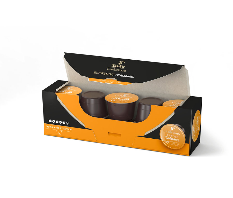 Otevřené balení kapslí Cafissimo Flavoured Edition Espresso Caramel – 10 kapslí.
