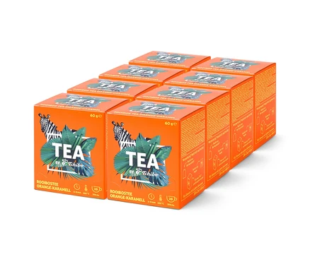 Uspořádání osmi oranžových krabic čaje s nápisem "TEA by Tchibo Rooibostee Orange-Karamell".