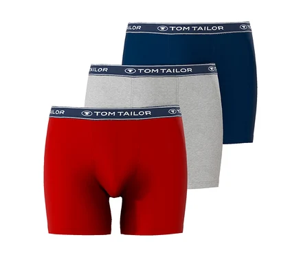 Troje boxerek Tom Tailor v červené, šedé a modré barvě leží na sobě.