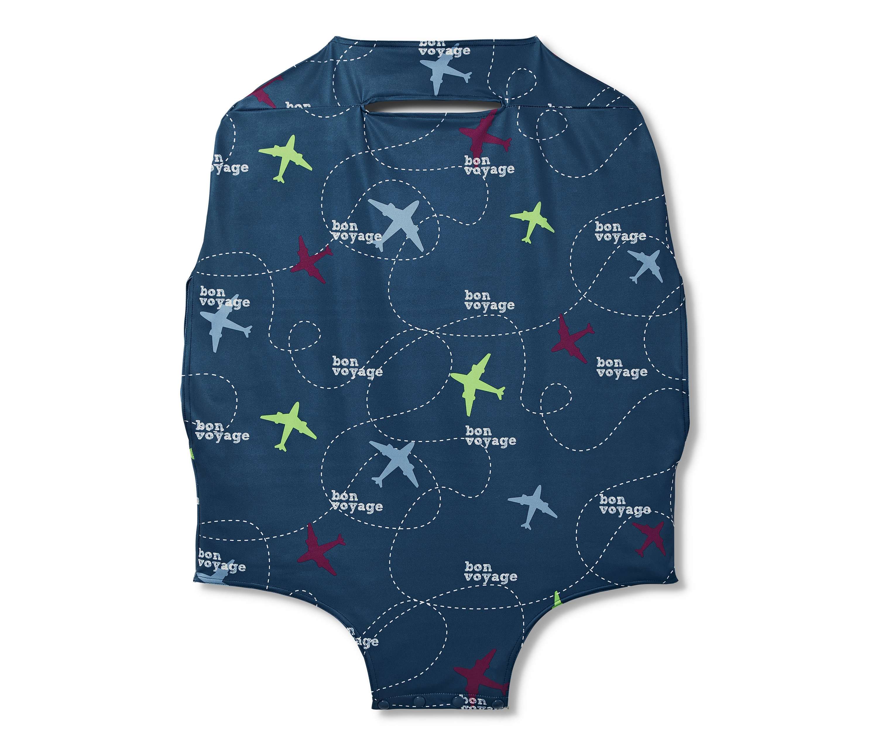 Ochranný obal na kufr s potiskem letadel a nápisem 'bon voyage'.