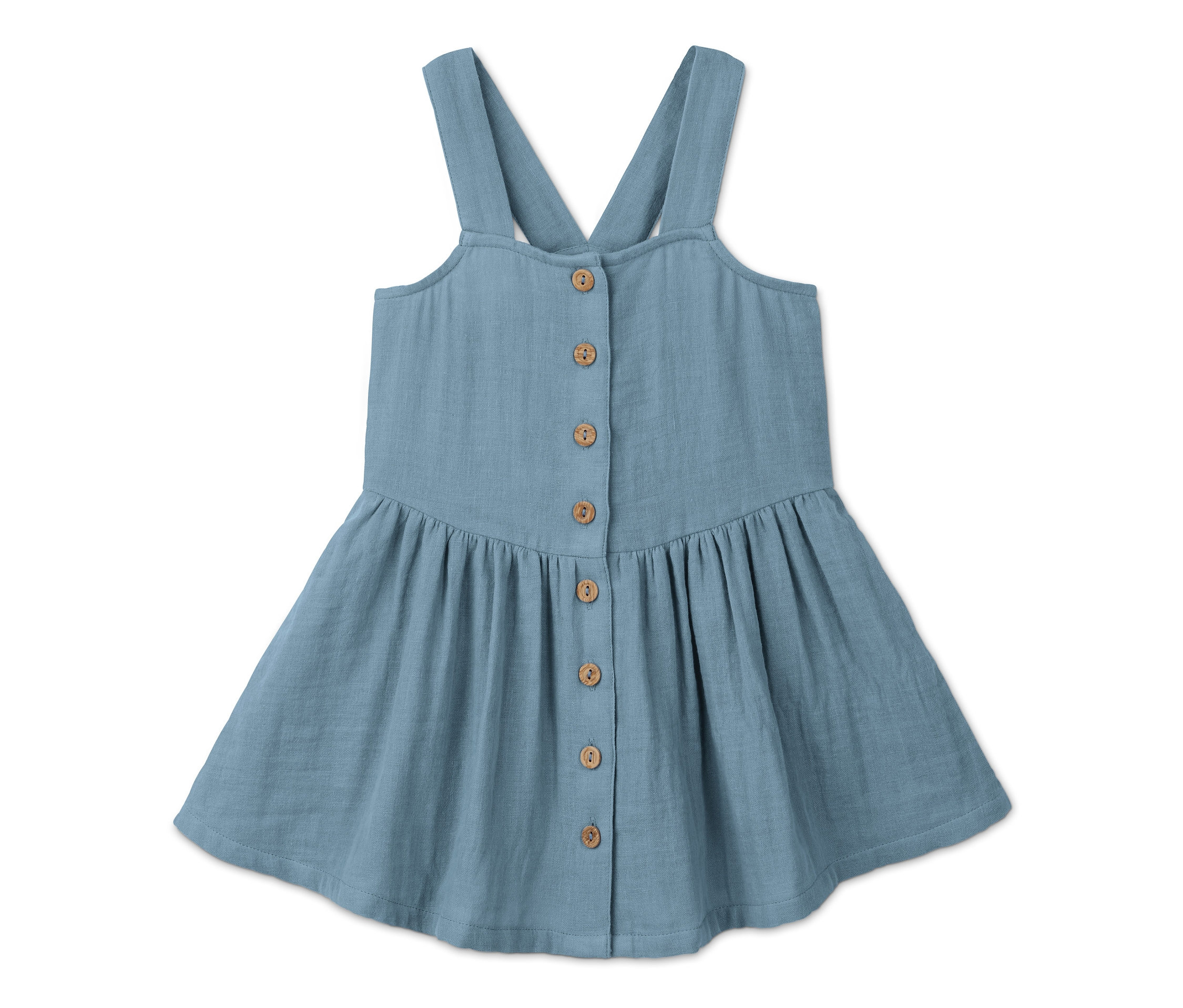 Modré bavlněné šaty na ramínka s knoflíky.