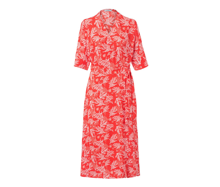 Červené zavinovací šaty s bílým potiskem.