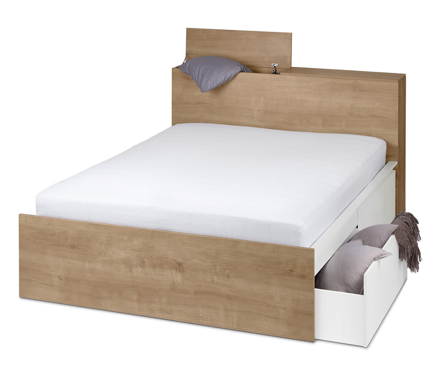 Postel s úložným prostorem z hnědého dřeva s bílými zásuvkami a šedým polštářem.