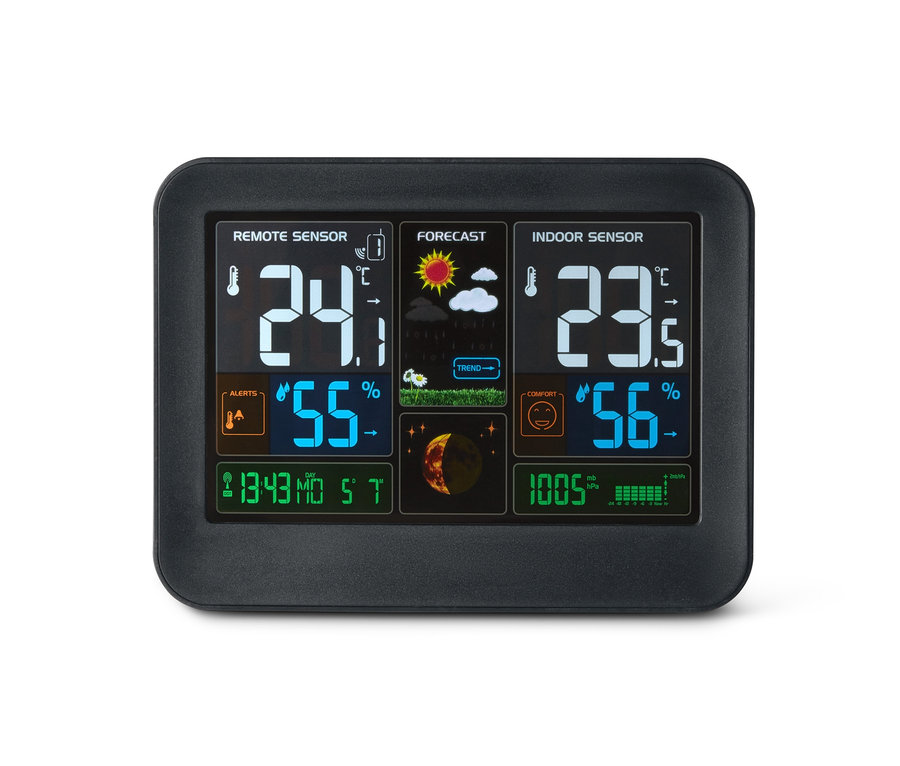Černá meteostanice s barevným LC displejem zobrazuje vnitřní a venkovní teplotu, vlhkost, datum, čas a předpověď počasí.