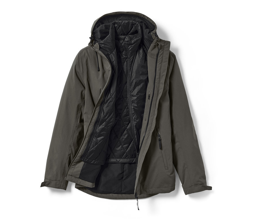 Rozložená outdoorová bunda 3 v 1 s vestou, bunda je olivově zelená a vesta je černá.