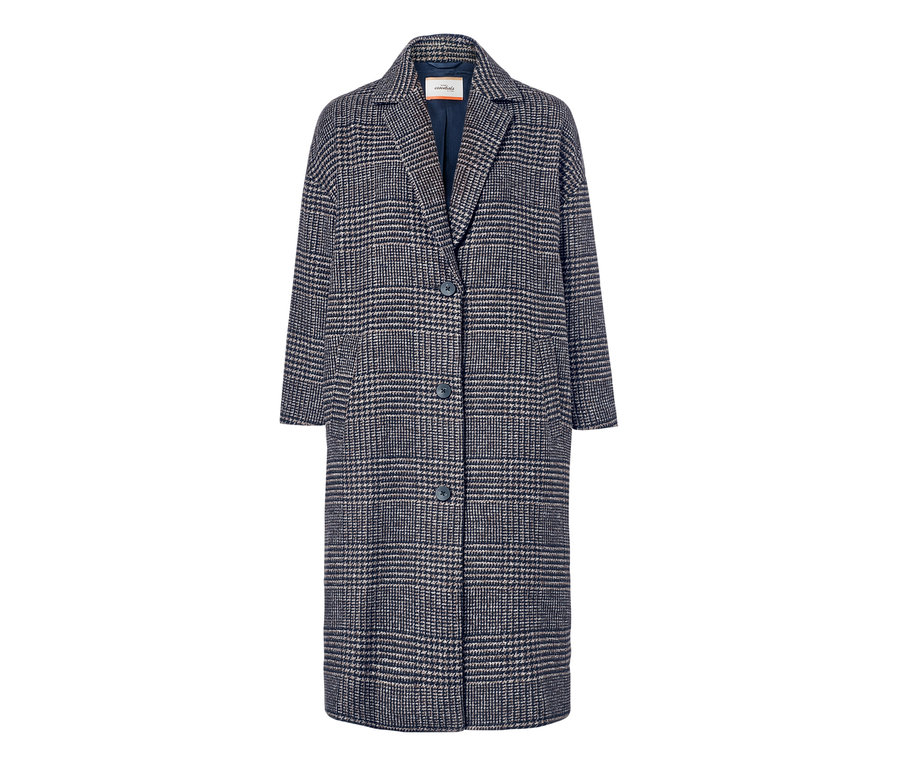 Kabát z vlněné směsi s kostkovaným vzorem.