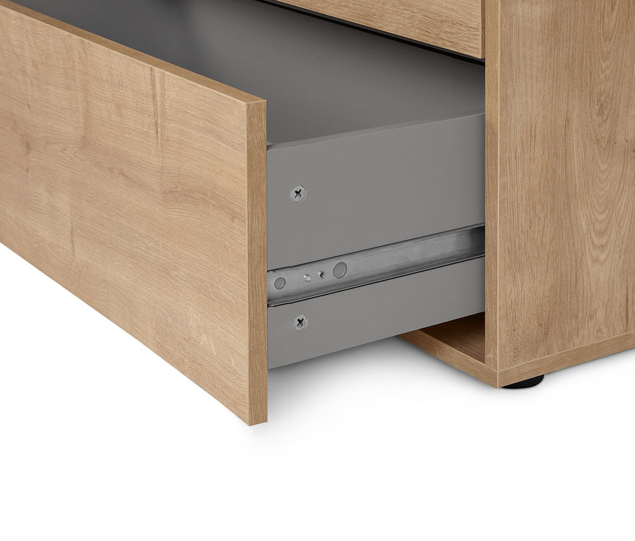 Detail of opened drawer of oak "Flemming" shelf module, approx. 75 x 75 cm, with 3 drawers.