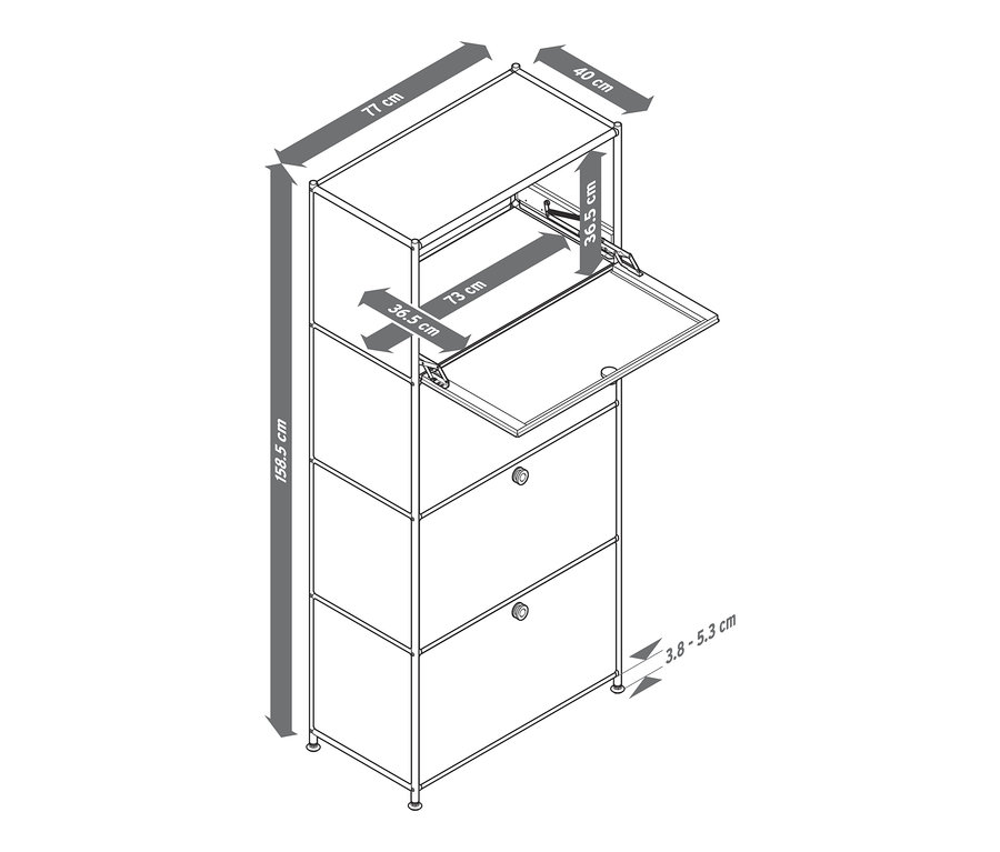 Nákres kovové vysoké skříňky CN3 se 4 výklopnými dvířky, jedny jsou otevřené.