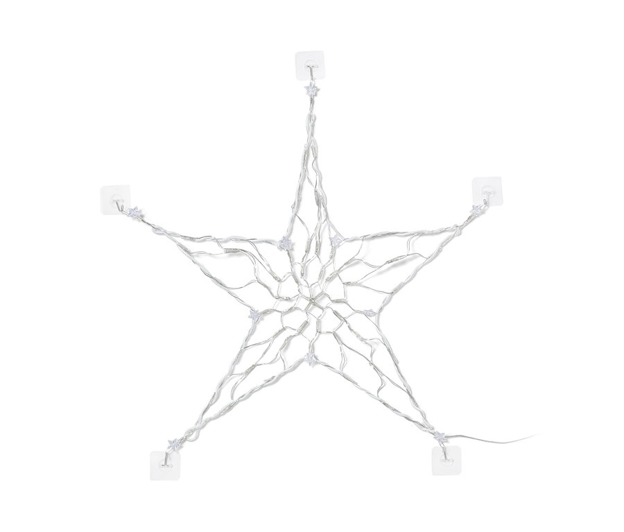 Světelná LED silueta hvězdy připevněná na zdi pomocí průhledných držáků.