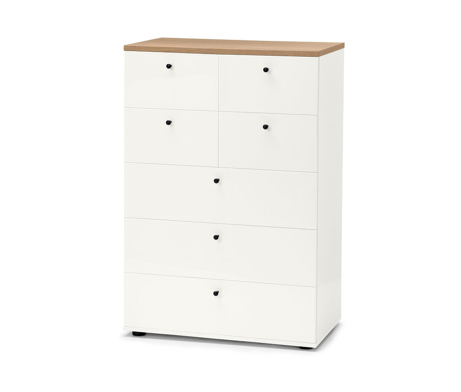 Bílá komoda Bekeson se šesti zásuvkami a dřevěnou horní deskou.