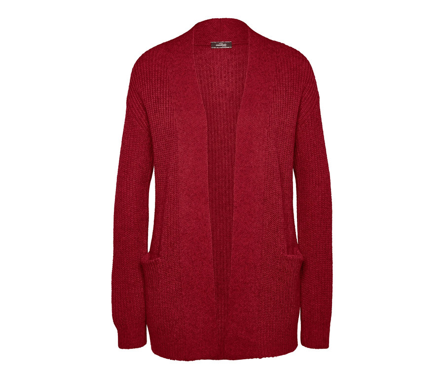Červený pletený kardigan s kapsami.