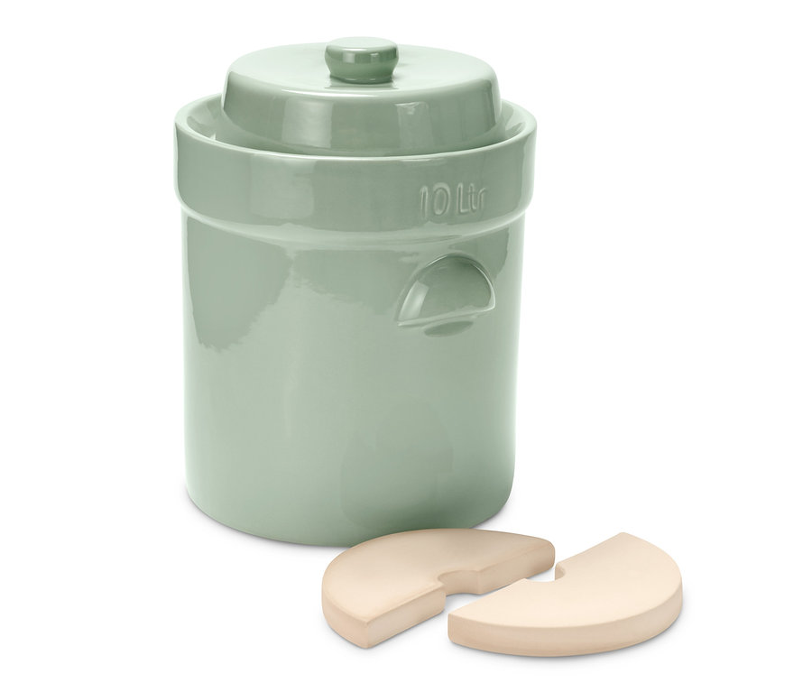 Zelený kameninový hrnec MS na kvašení s víkem a dvěma zátěžovými kameny.