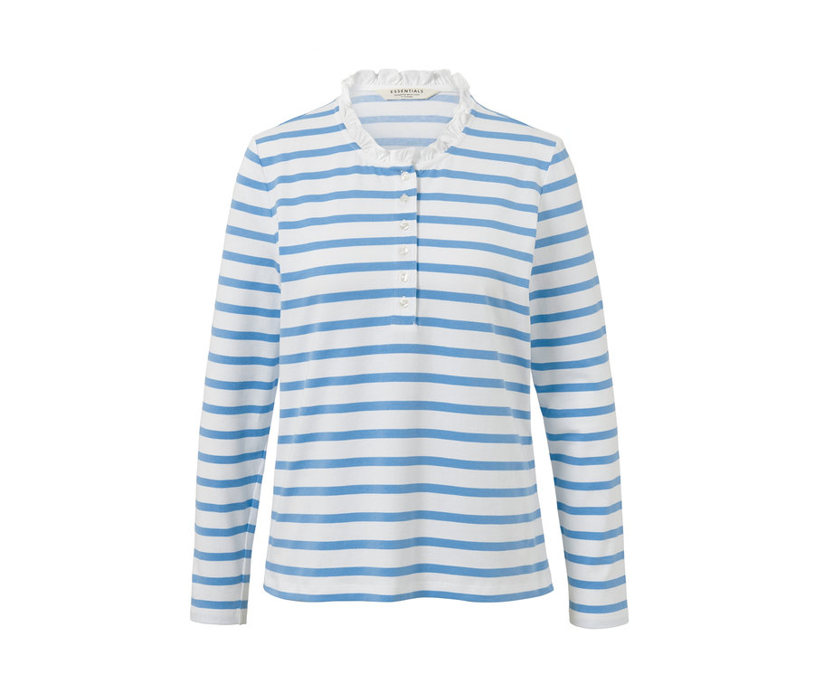 Polo tričko s dlouhým rukávem a modro-bílými pruhy. Tričko má nabíraný límec a légu s knoflíky.
