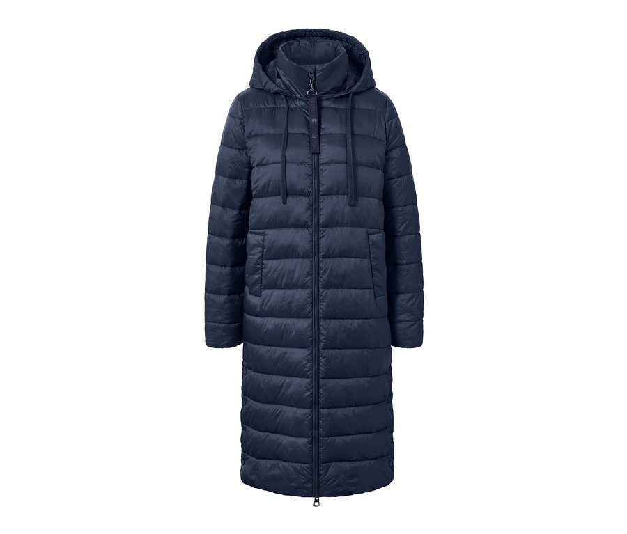 Tmavě modrý prošívaný kabát s kapucí.
