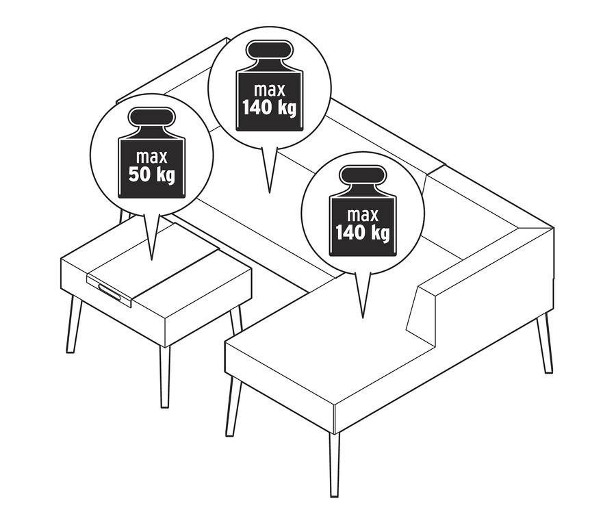 Nákres venkovní pohovky se stoličkou a maximálními váhovými limity.