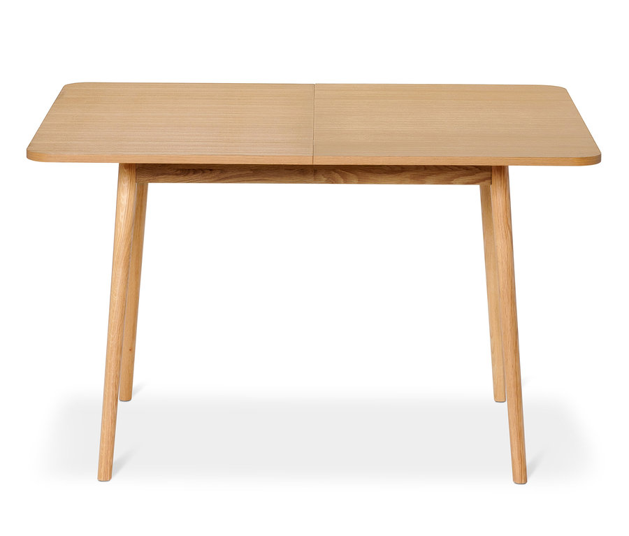 Rozšířitelný jídelní stůl z lehkého dřeva se čtyřmi nohami.