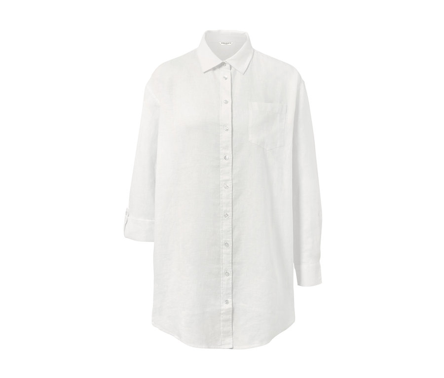 Bílá lněná halenka s dlouhými rukávy a knoflíky.