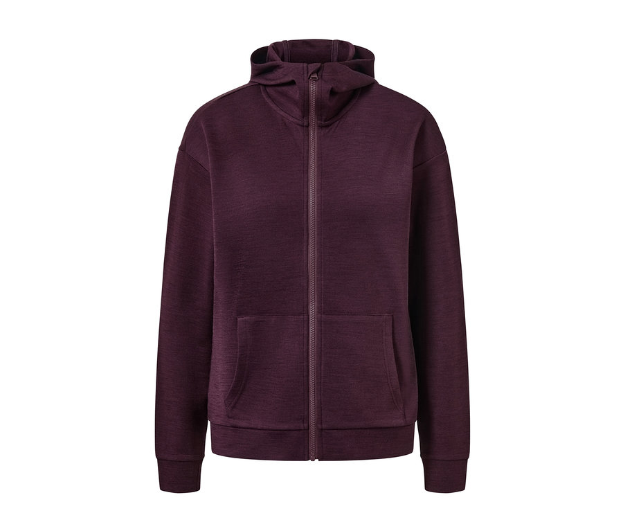 Fialová bunda s kapucí a vlnou s certifikací RWS se zipem a kapsami.