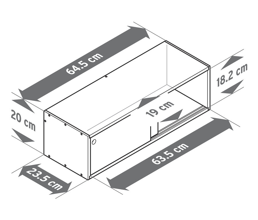 Ilustrace nástěnného regálu s posuvnými dvířky a vyznačenými rozměry.