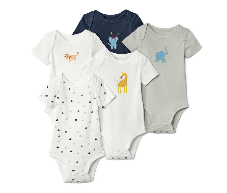 Pět dětských bodyček s krátkým rukávem s různými potisky.