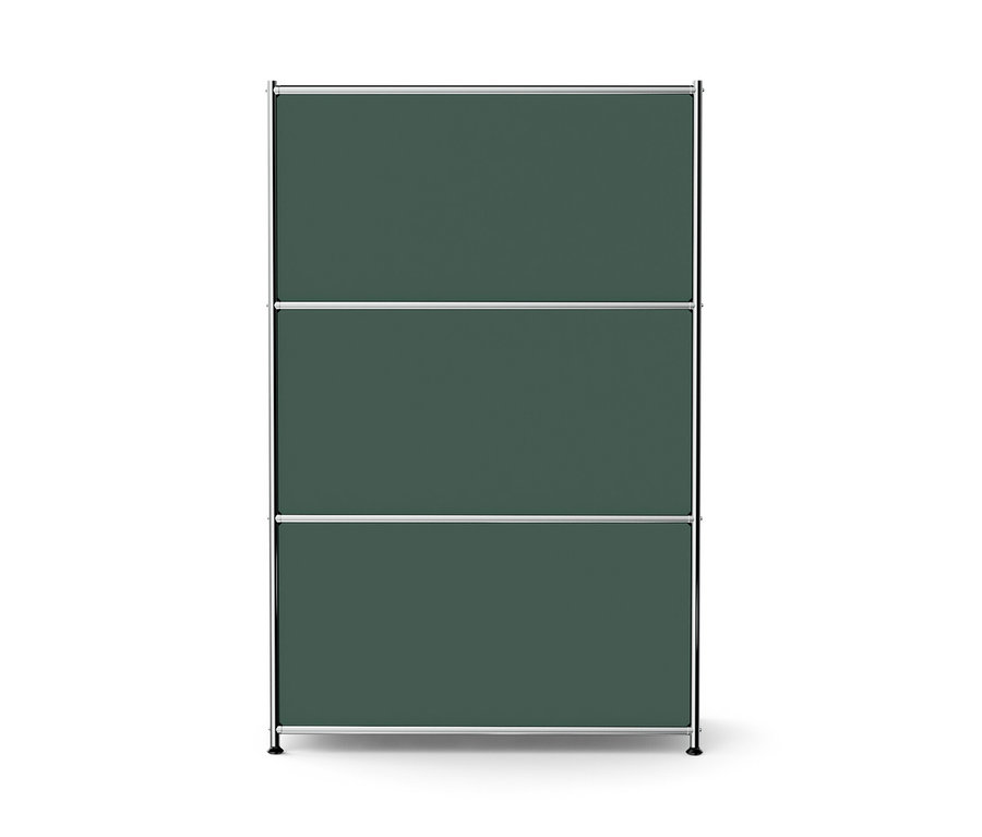 Olivově zelená kovová komoda »CN3« se 2 výklopnými dvířky a 2 zásuvkami.