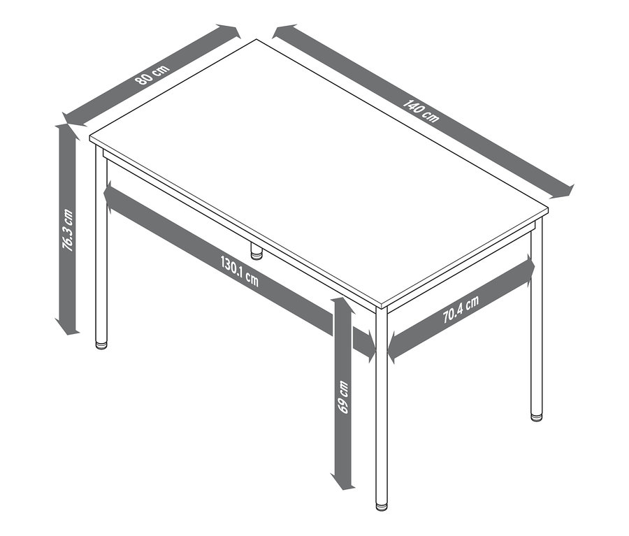 Nákres kovového stolu »CN3« o rozměrech cca 140 x 80 cm.