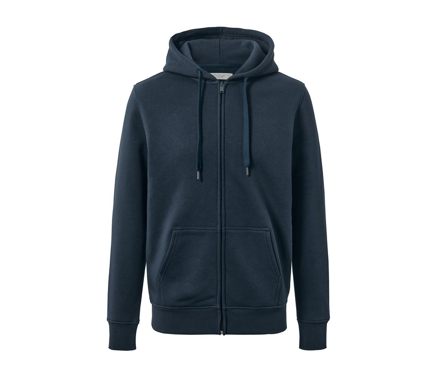 Tmavě modrá bunda s kapucí se zipem uprostřed.