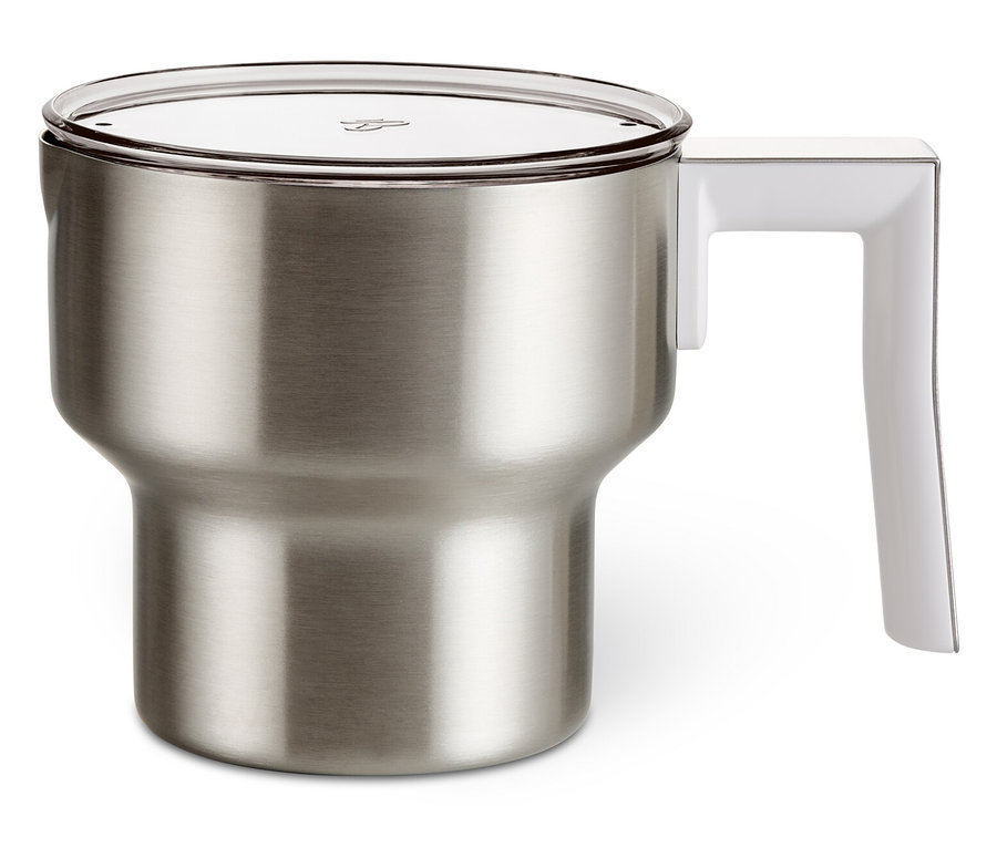 Nerezový indukční napěňovač mléka s bílou rukojetí a průhledným víkem.