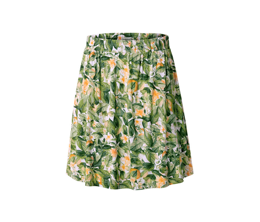 Dámská žerzejová sukně s potiskem listů a květů.