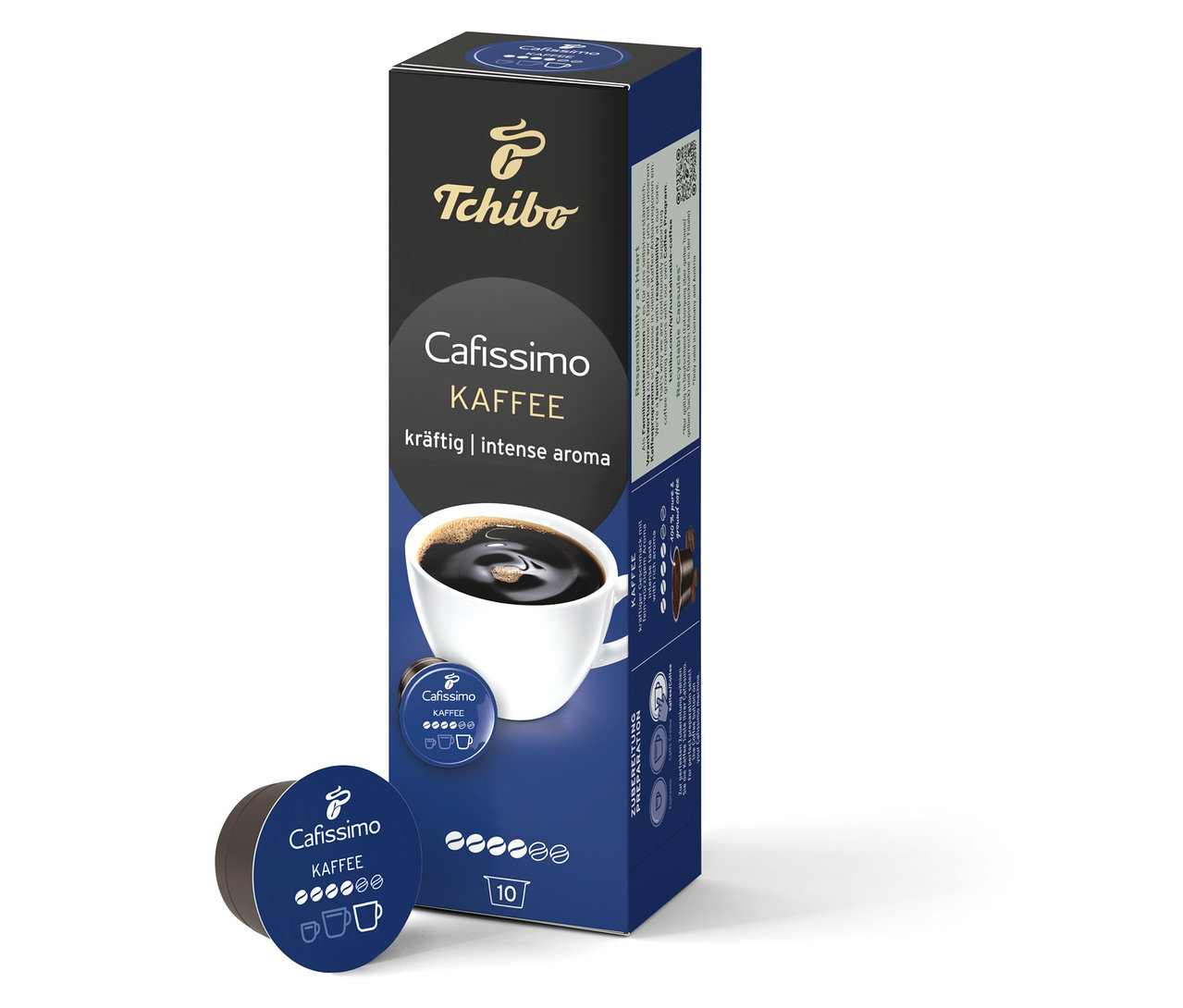 Balení Cafissimo výrazná káva a kapsle na bílém pozadí.