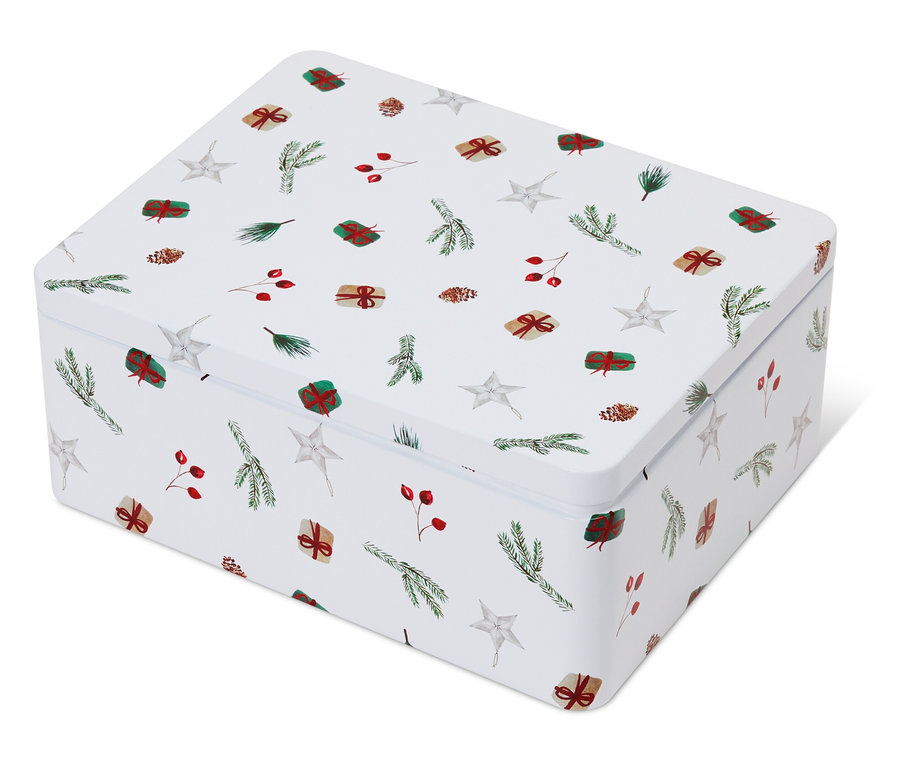Bílá plechová dóza s vánočním motivem hvězd, větviček, bobulí a dárků.