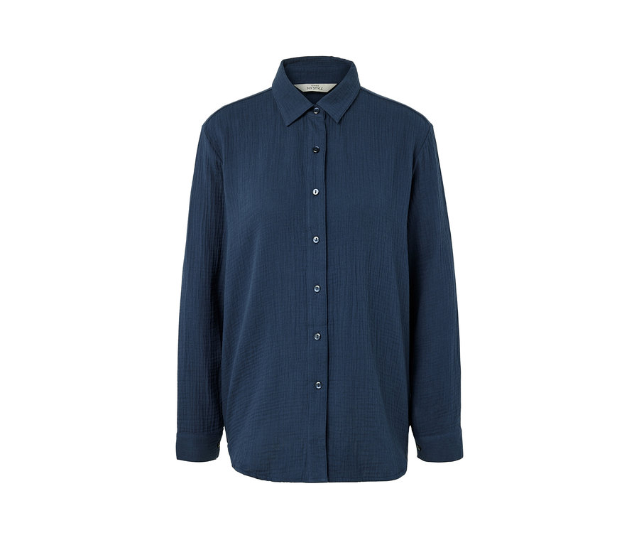 Námořnická modrá mušelínová halenka s límečkem a knoflíčky.