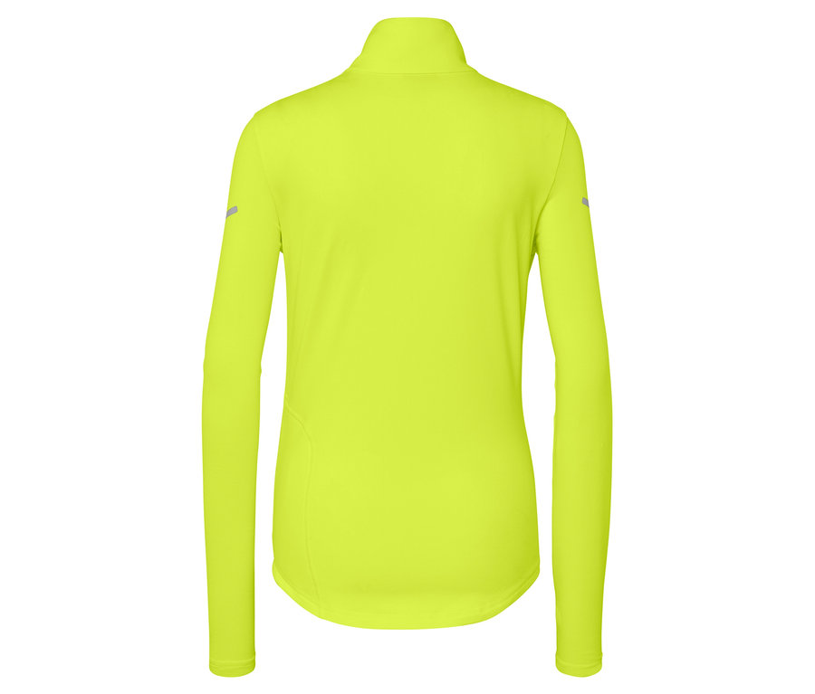 Pohled zezadu na neonově žlutý sportovní top s dlouhým rukávem a zipem u krku.