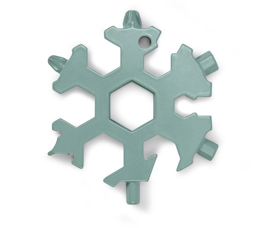 Zelený multifunkční klíč ve tvaru sněhové vločky na bílém pozadí.