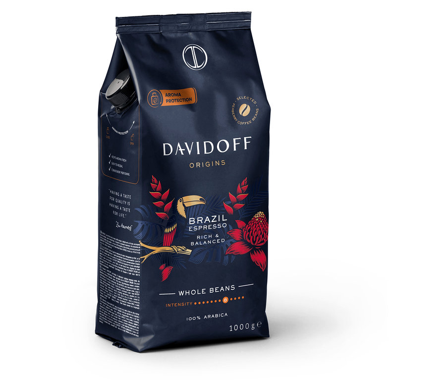 Černé balení kávy DAVIDOFF CAFÉ ORIGINS Brazil o hmotnosti 1 kg.