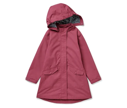 Růžová dětská parka do deště s kapucí a podšívkou se zvířecím potiskem.