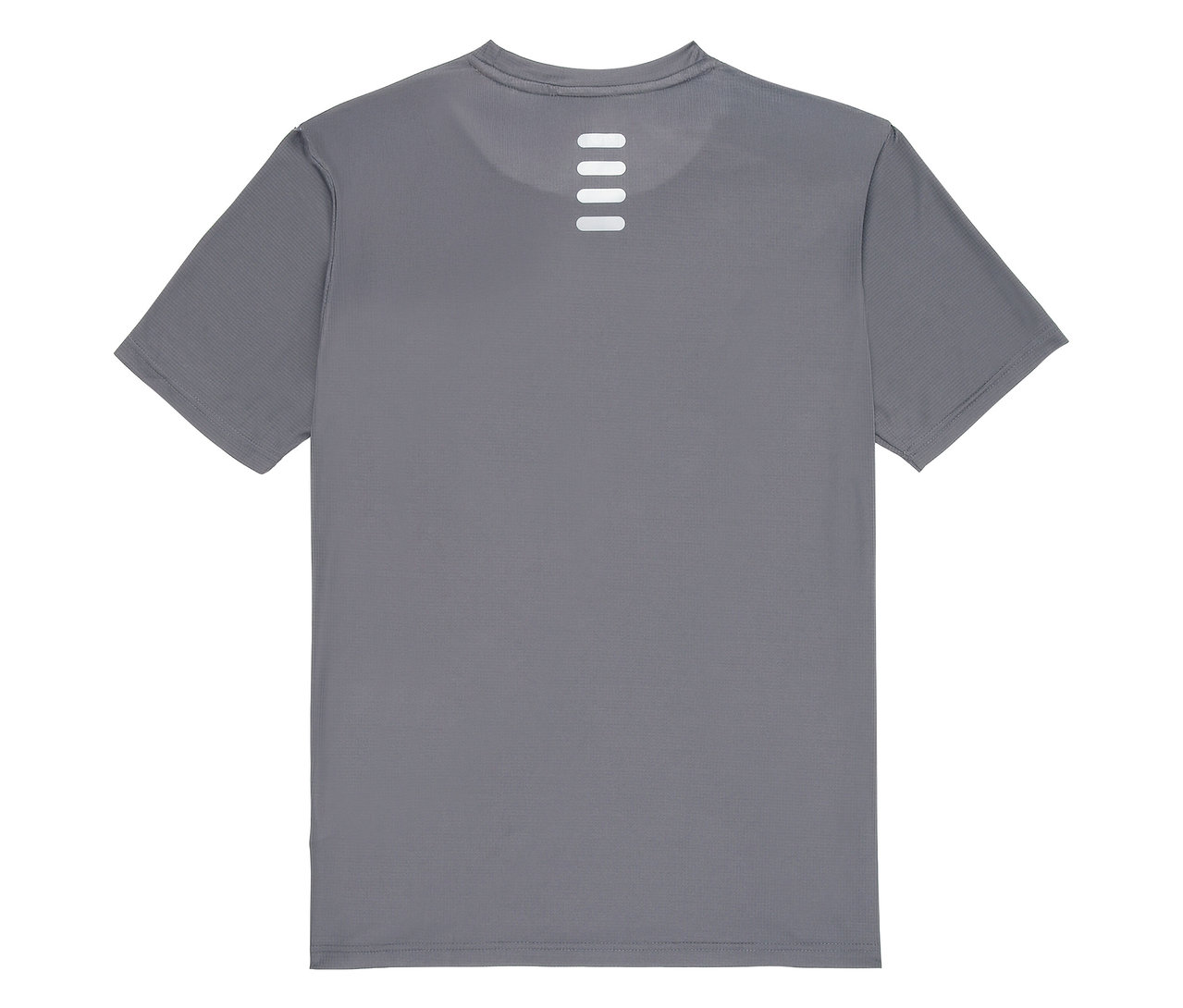 Šedé funkční tričko FILA pro muže zezadu se čtyřmi vodorovnými bílými pruhy pod krkem.